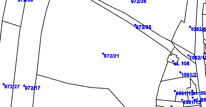 Parcela st. 972/21 v KÚ Prostiboř, Katastrální mapa