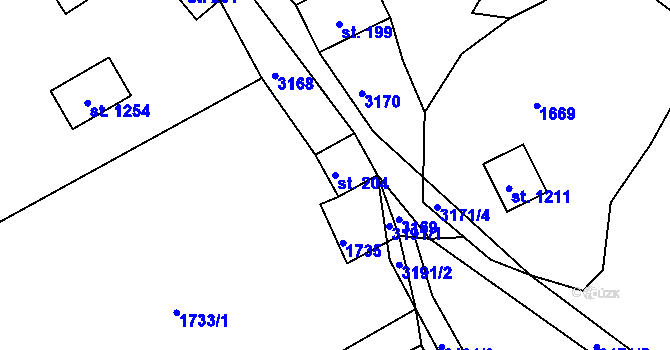 Parcela st. 204 v KÚ Prostřední Bečva, Katastrální mapa