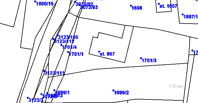 Parcela st. 867 v KÚ Prostřední Bečva, Katastrální mapa