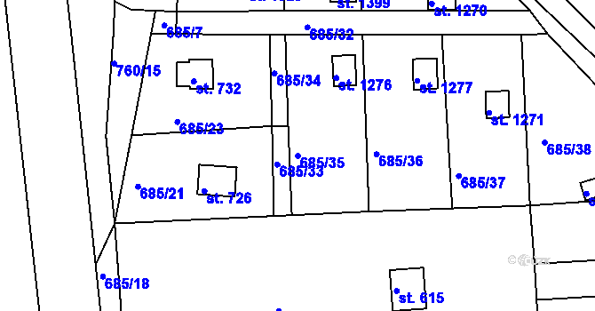 Parcela st. 685/35 v KÚ Prostřední Bečva, Katastrální mapa
