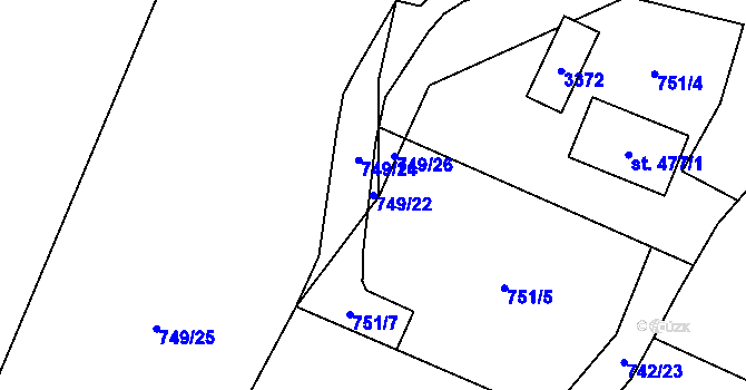 Parcela st. 749/22 v KÚ Prostřední Bečva, Katastrální mapa