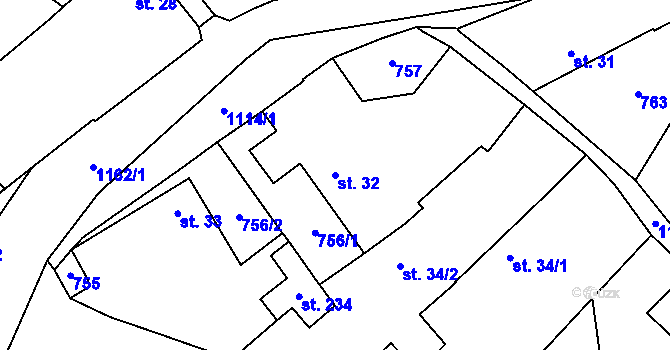 Parcela st. 32 v KÚ Prostřední Lhota, Katastrální mapa