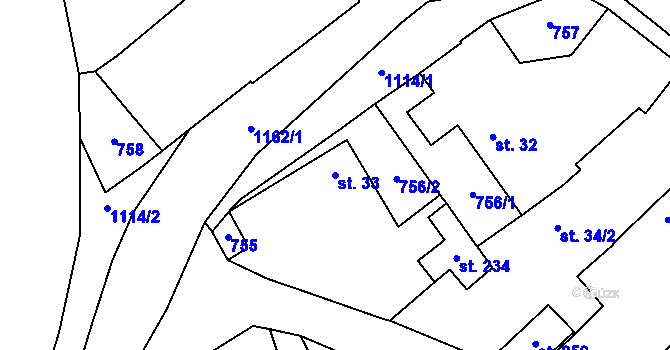 Parcela st. 33 v KÚ Prostřední Lhota, Katastrální mapa