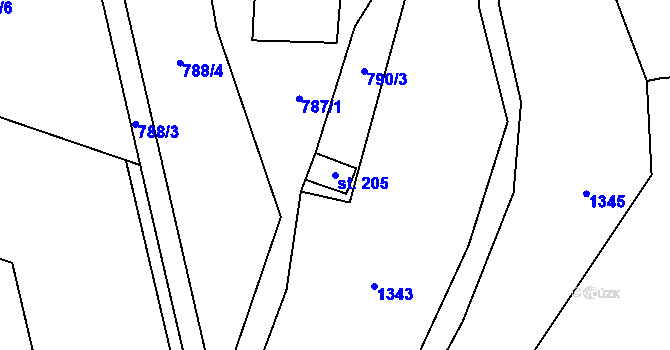 Parcela st. 205 v KÚ Prostřední Lhota, Katastrální mapa