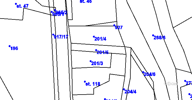 Parcela st. 201/5 v KÚ Prostřední Poříčí, Katastrální mapa