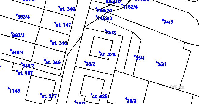 Parcela st. 424 v KÚ Protivanov, Katastrální mapa