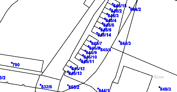 Parcela st. 845/8 v KÚ Protivín, Katastrální mapa