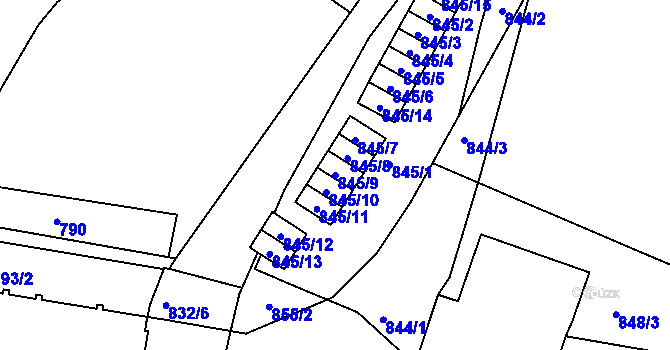 Parcela st. 845/9 v KÚ Protivín, Katastrální mapa