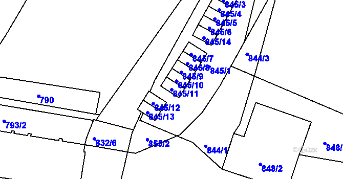 Parcela st. 845/11 v KÚ Protivín, Katastrální mapa