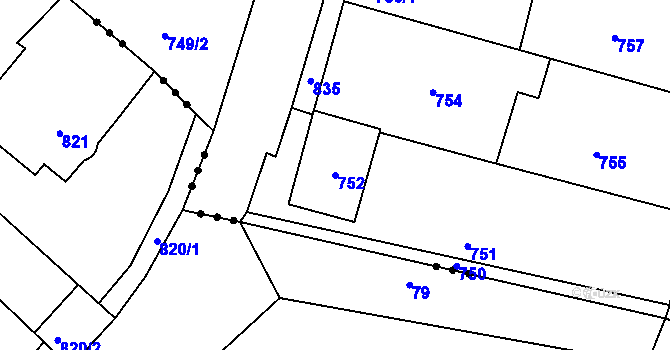 Parcela st. 752 v KÚ Prštice, Katastrální mapa