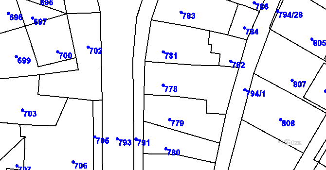 Parcela st. 778 v KÚ Prštice, Katastrální mapa