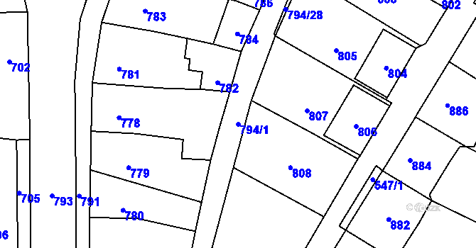 Parcela st. 794/1 v KÚ Prštice, Katastrální mapa