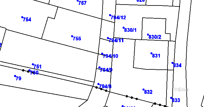 Parcela st. 794/10 v KÚ Prštice, Katastrální mapa