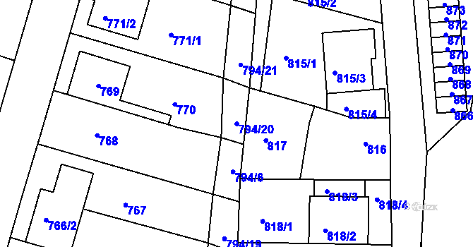 Parcela st. 794/20 v KÚ Prštice, Katastrální mapa