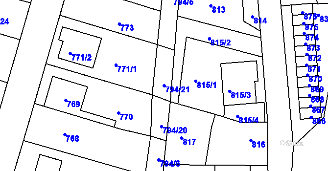 Parcela st. 794/21 v KÚ Prštice, Katastrální mapa