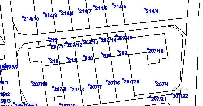 Parcela st. 209 v KÚ Průhonice, Katastrální mapa
