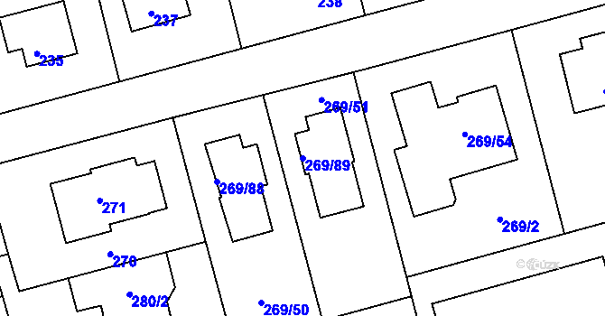 Parcela st. 269/89 v KÚ Průhonice, Katastrální mapa