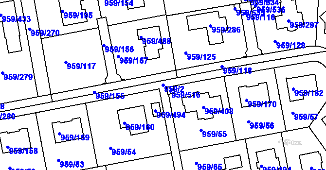 Parcela st. 959/2 v KÚ Průhonice, Katastrální mapa