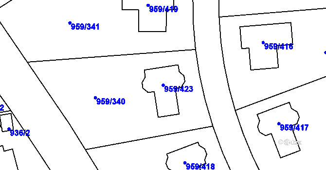 Parcela st. 959/423 v KÚ Průhonice, Katastrální mapa