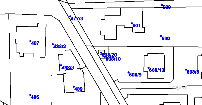 Parcela st. 608/20 v KÚ Průhonice, Katastrální mapa