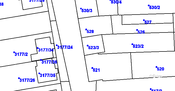 Parcela st. 523/3 v KÚ Prušánky, Katastrální mapa