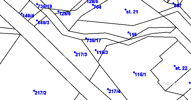 Parcela st. 115/3 v KÚ Dolní Prysk, Katastrální mapa