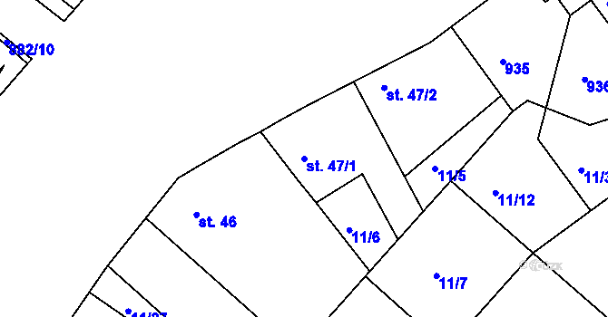 Parcela st. 47/1 v KÚ Předměřice nad Jizerou, Katastrální mapa