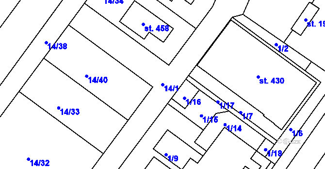 Parcela st. 14/1 v KÚ Předměřice nad Jizerou, Katastrální mapa