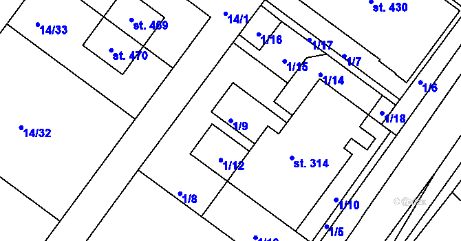 Parcela st. 1/9 v KÚ Předměřice nad Jizerou, Katastrální mapa