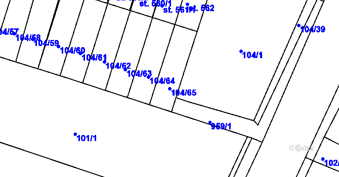 Parcela st. 104/65 v KÚ Předměřice nad Labem, Katastrální mapa