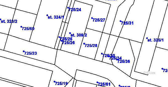 Parcela st. 725/28 v KÚ Předměřice nad Labem, Katastrální mapa