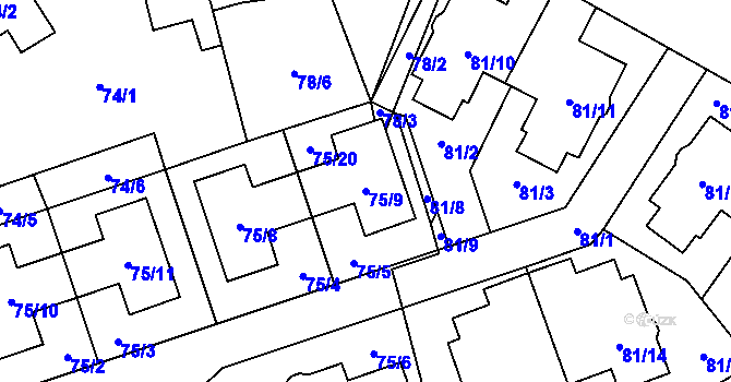 Parcela st. 75/9 v KÚ Přední Kopanina, Katastrální mapa