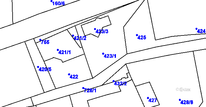 Parcela st. 423/1 v KÚ Přední Kopanina, Katastrální mapa