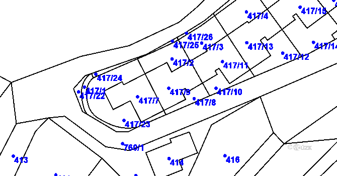 Parcela st. 417/9 v KÚ Přední Kopanina, Katastrální mapa