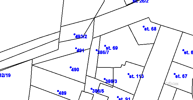 Parcela st. 386/7 v KÚ Přední Lhota u Poděbrad, Katastrální mapa