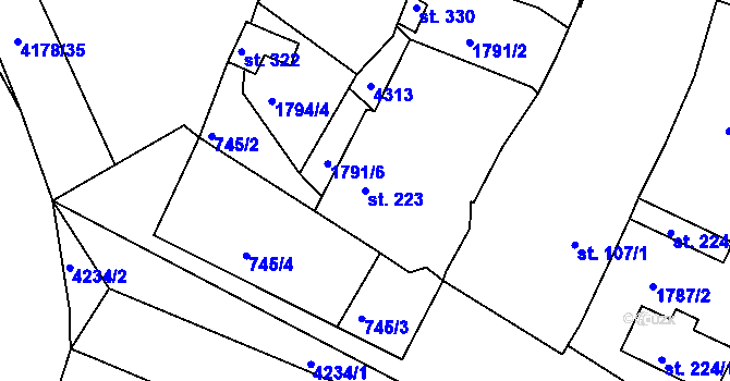 Parcela st. 223 v KÚ Přehýšov, Katastrální mapa