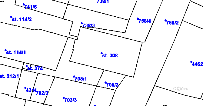Parcela st. 308 v KÚ Přehýšov, Katastrální mapa