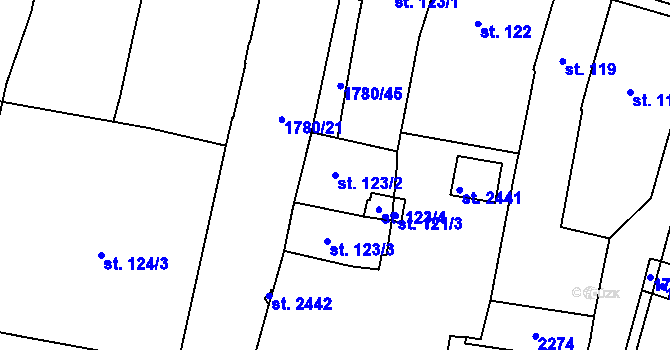 Parcela st. 123/2 v KÚ Přelouč, Katastrální mapa