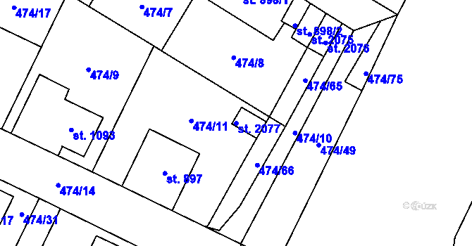 Parcela st. 2077 v KÚ Přelouč, Katastrální mapa