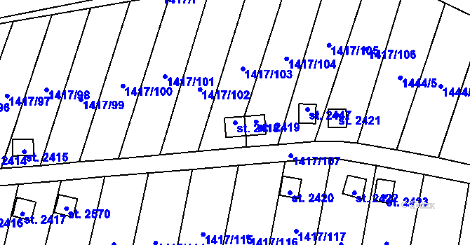 Parcela st. 2418 v KÚ Přelouč, Katastrální mapa