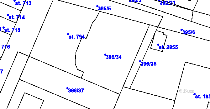 Parcela st. 396/34 v KÚ Přelouč, Katastrální mapa
