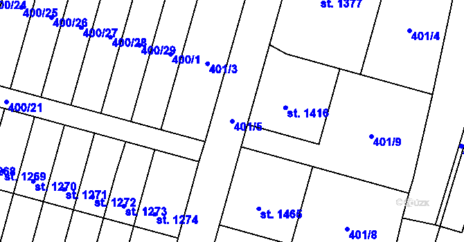 Parcela st. 401/5 v KÚ Přelouč, Katastrální mapa