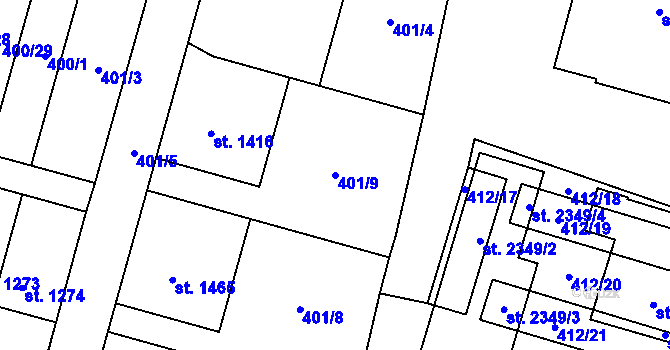 Parcela st. 401/9 v KÚ Přelouč, Katastrální mapa