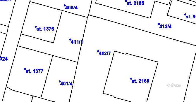 Parcela st. 412/7 v KÚ Přelouč, Katastrální mapa