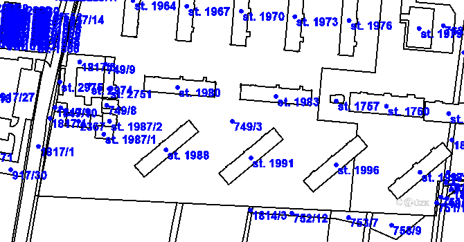 Parcela st. 749/3 v KÚ Přelouč, Katastrální mapa