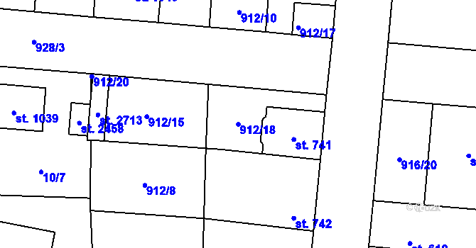 Parcela st. 912/18 v KÚ Přelouč, Katastrální mapa