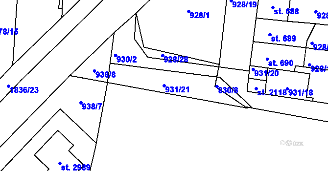 Parcela st. 931/21 v KÚ Přelouč, Katastrální mapa