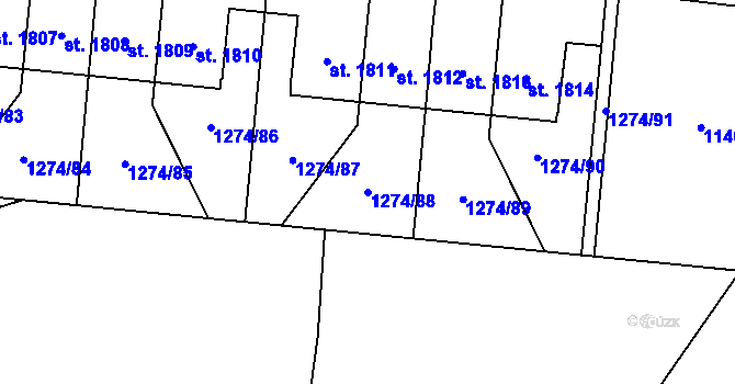 Parcela st. 1274/88 v KÚ Přelouč, Katastrální mapa