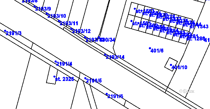 Parcela st. 2193/14 v KÚ Přelouč, Katastrální mapa