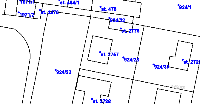 Parcela st. 2757 v KÚ Přelouč, Katastrální mapa